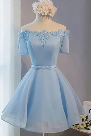 A Line Off Shoulder Short Light Blue Prom Dresses