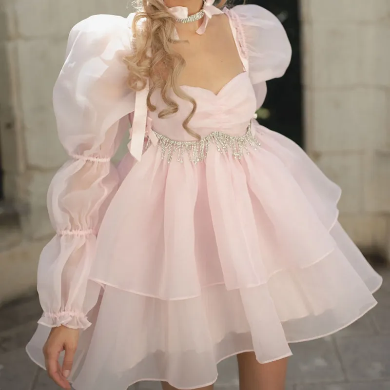 Amy Fashion - Backless Long Puff Sleeve Ruffles Layered A-line Dress