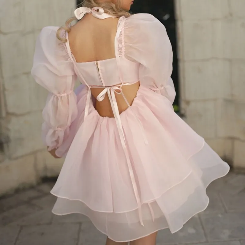 Amy Fashion - Backless Long Puff Sleeve Ruffles Layered A-line Dress