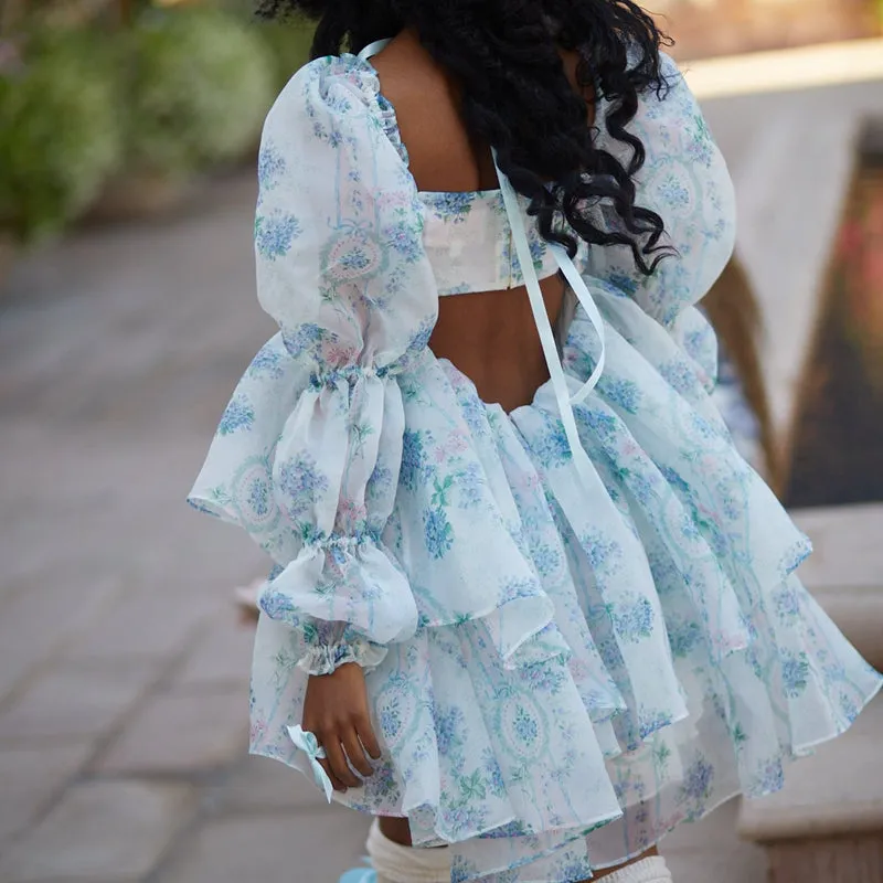 Amy Fashion - Backless Long Puff Sleeve Ruffles Layered A-line Dress