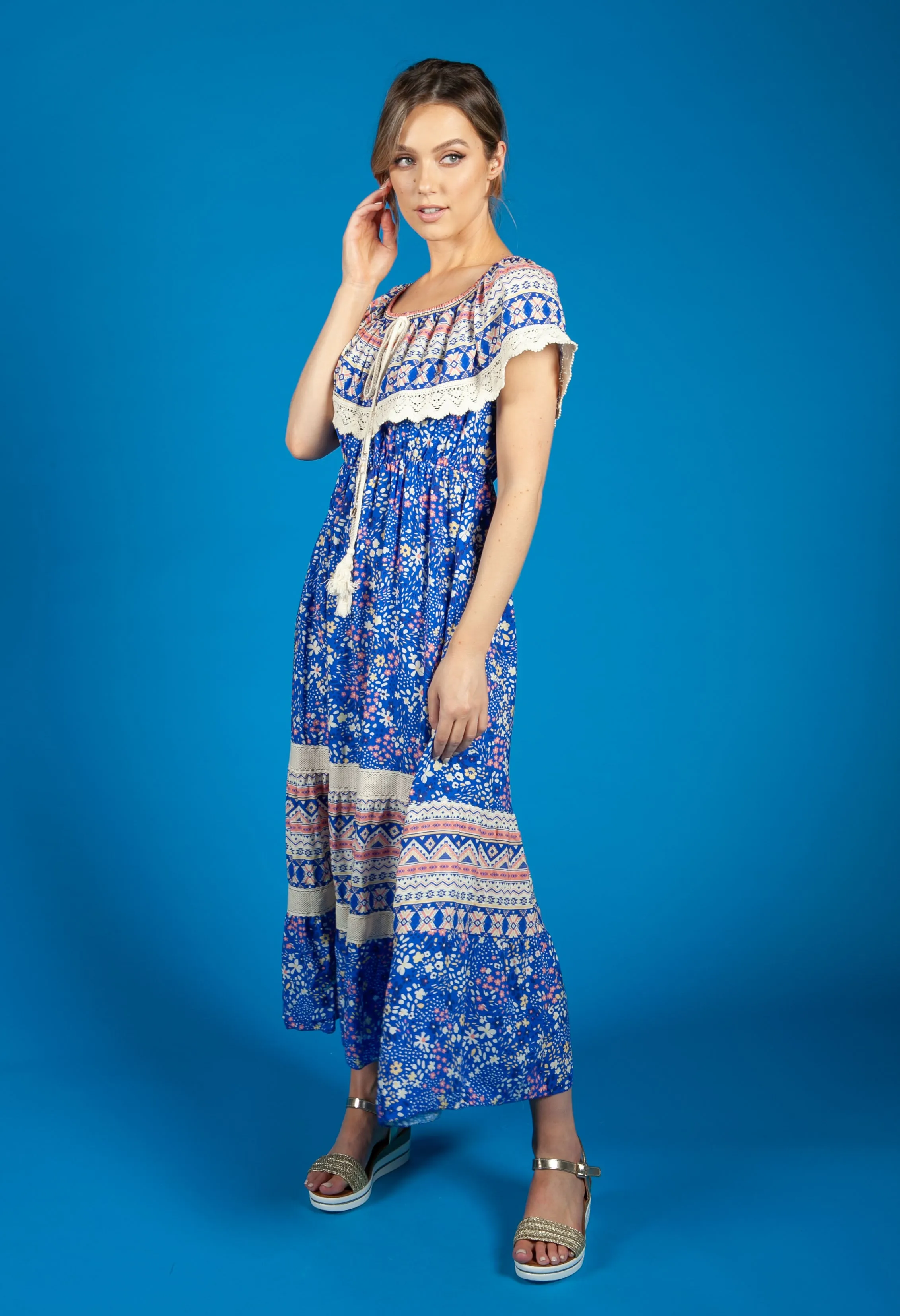 Bardot Floral Mix Dress in Royal Blue