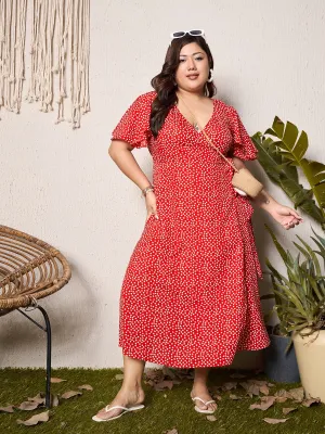 Berrylush Curve Women Red Floral Print V-Neck Short Sleeve Maxi Dress