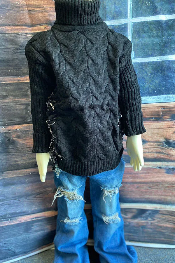 Black girls knit sweater w/sequin fringe DLH2517