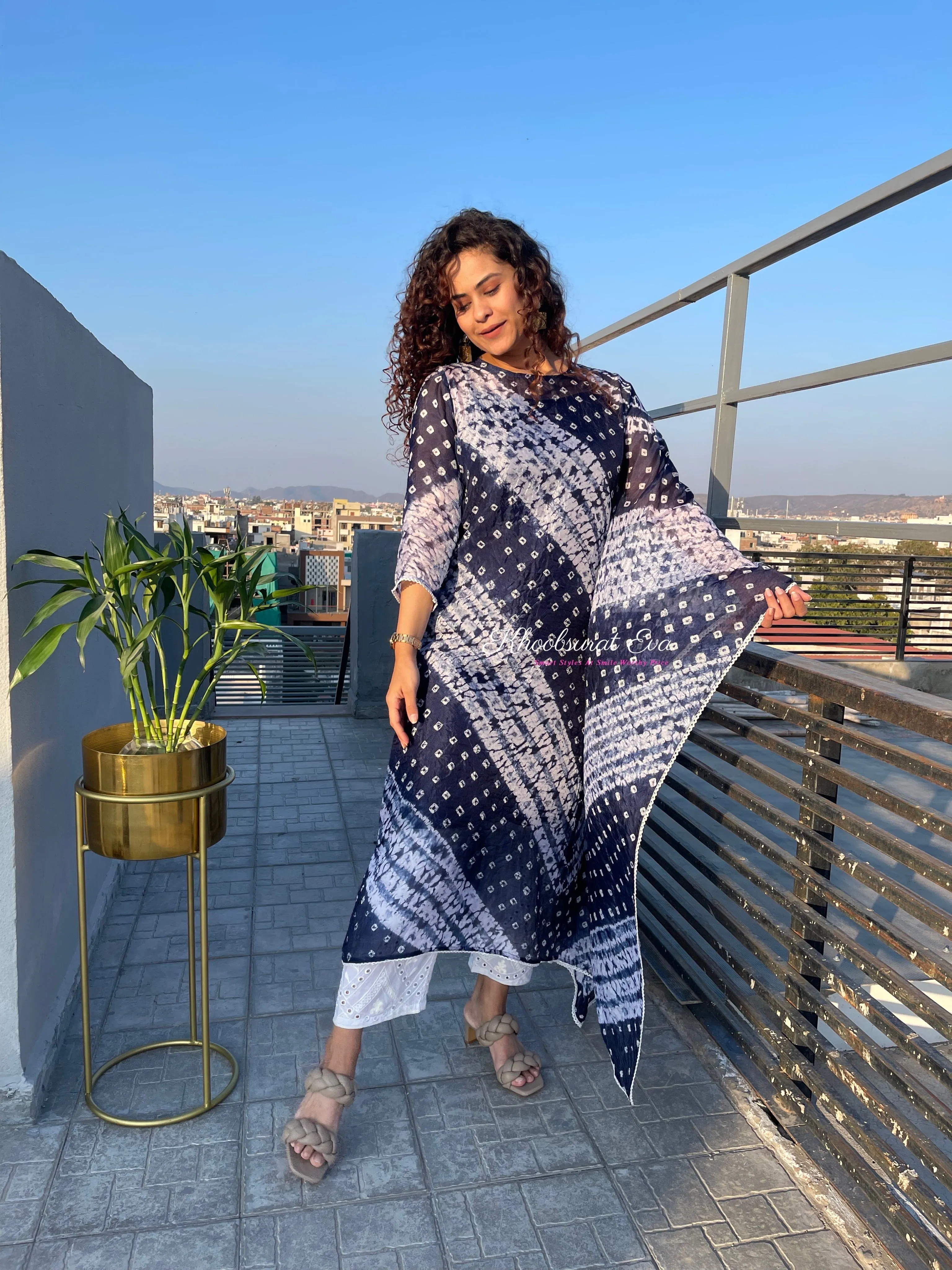 Blue Bandhani Festive Kaftan Set