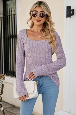 Casual Square Neck Ribbed Sweater