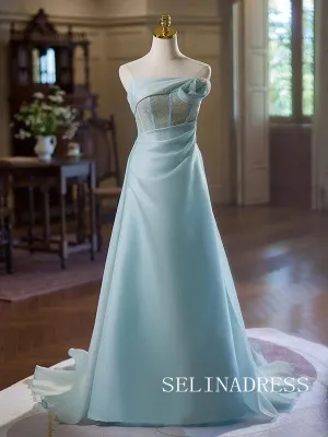 Charming Sky Blue Satin Prom Dresses Strapless Sleeveless Princess Dress Sweep Train Prom Formal Dresses TKL1903