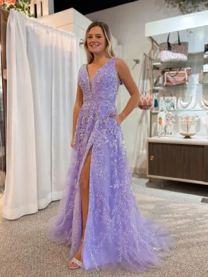 Chic A-line V neck Lace Beaded Long Prom Dress Lilac Elegant Evening Dress #JKSS58