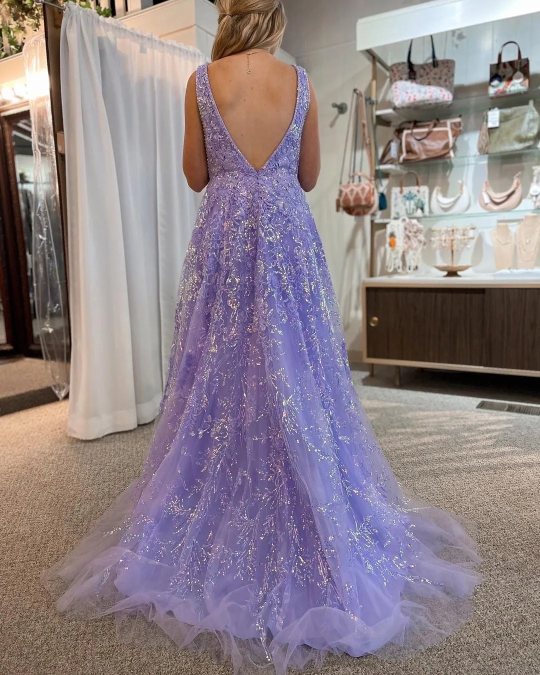 Chic A-line V neck Lace Beaded Long Prom Dress Lilac Elegant Evening Dress #JKSS58