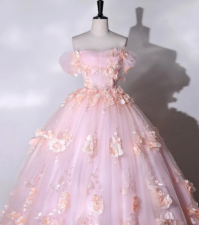 Chic Beautiful Pink Ball Gown Elegant Princess Dress 3D Floral Lace Evening Dress #LOP285