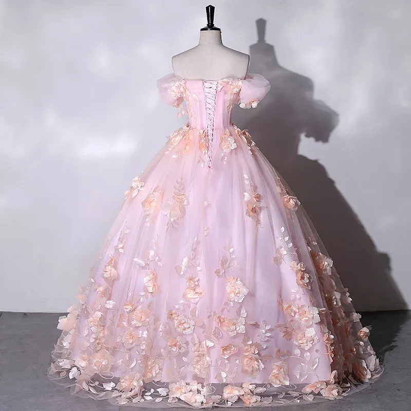 Chic Beautiful Pink Ball Gown Elegant Princess Dress 3D Floral Lace Evening Dress #LOP285