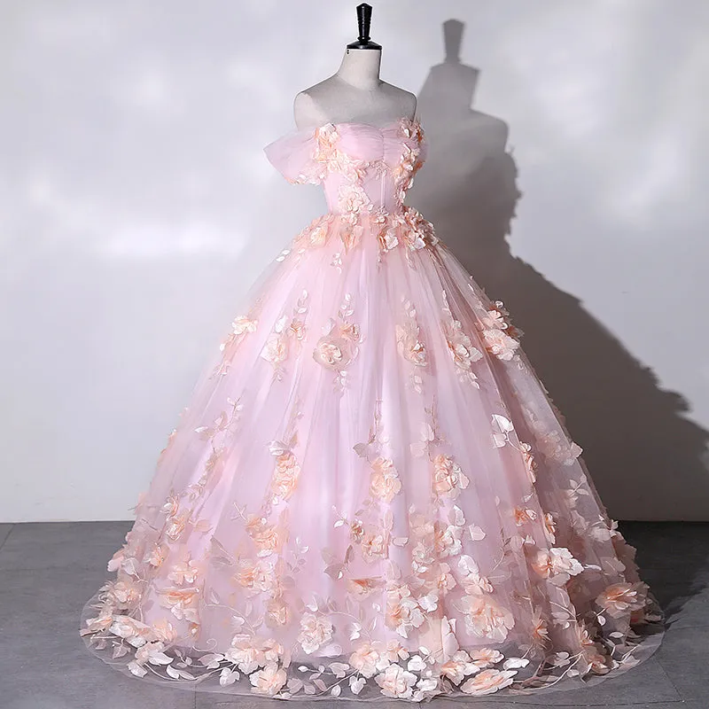 Chic Beautiful Pink Ball Gown Elegant Princess Dress 3D Floral Lace Evening Dress #LOP285