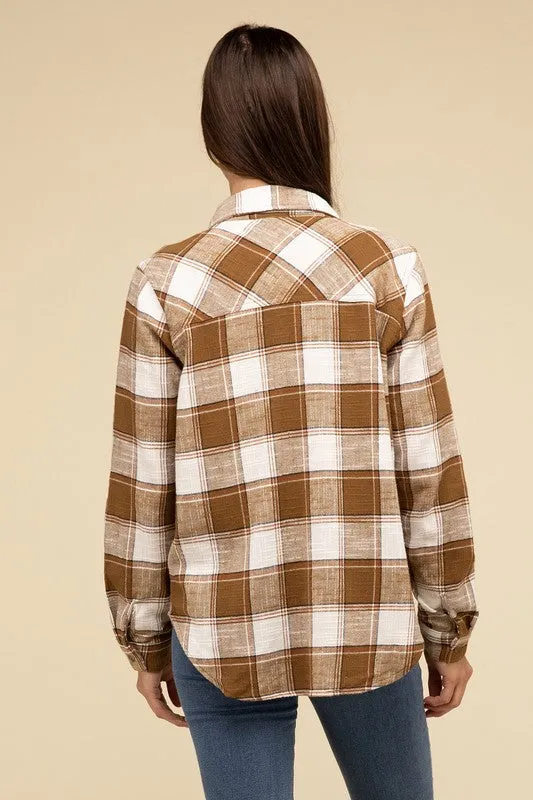 Cotton Plaid Shacket With Front Pocket