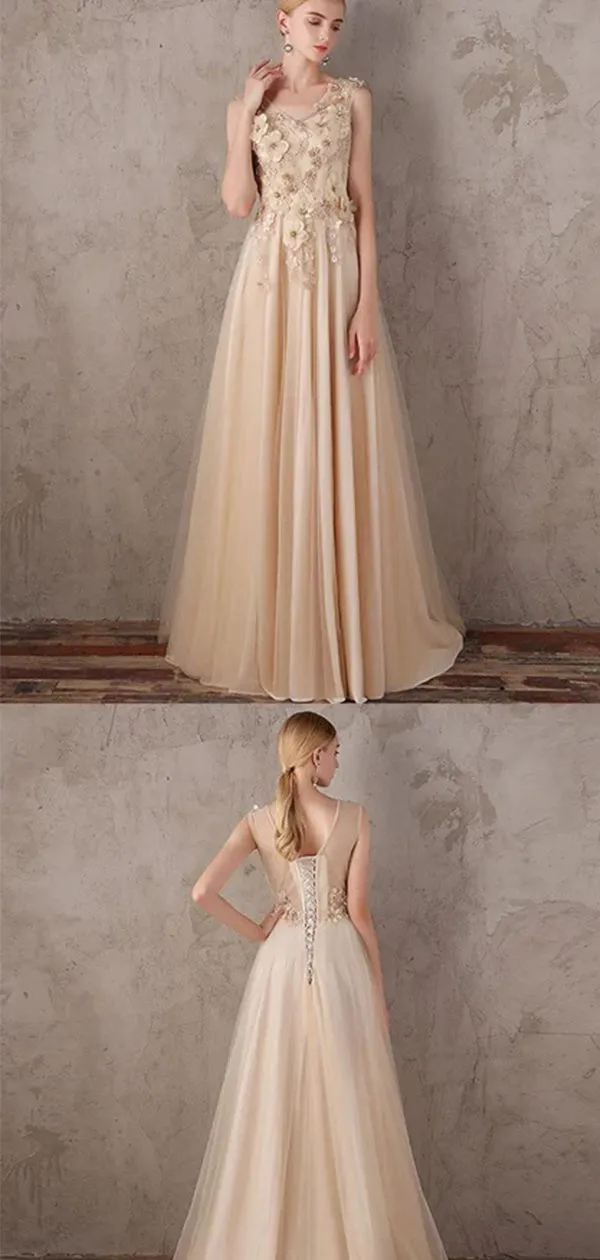 Elegant A-ine V-neck Applique Tulle Prom Dress, DB10910