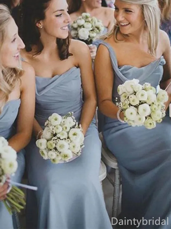 Elegant Gray Blue One Shoulder Mermaid Satin Bridesmaid Dresses, BG309