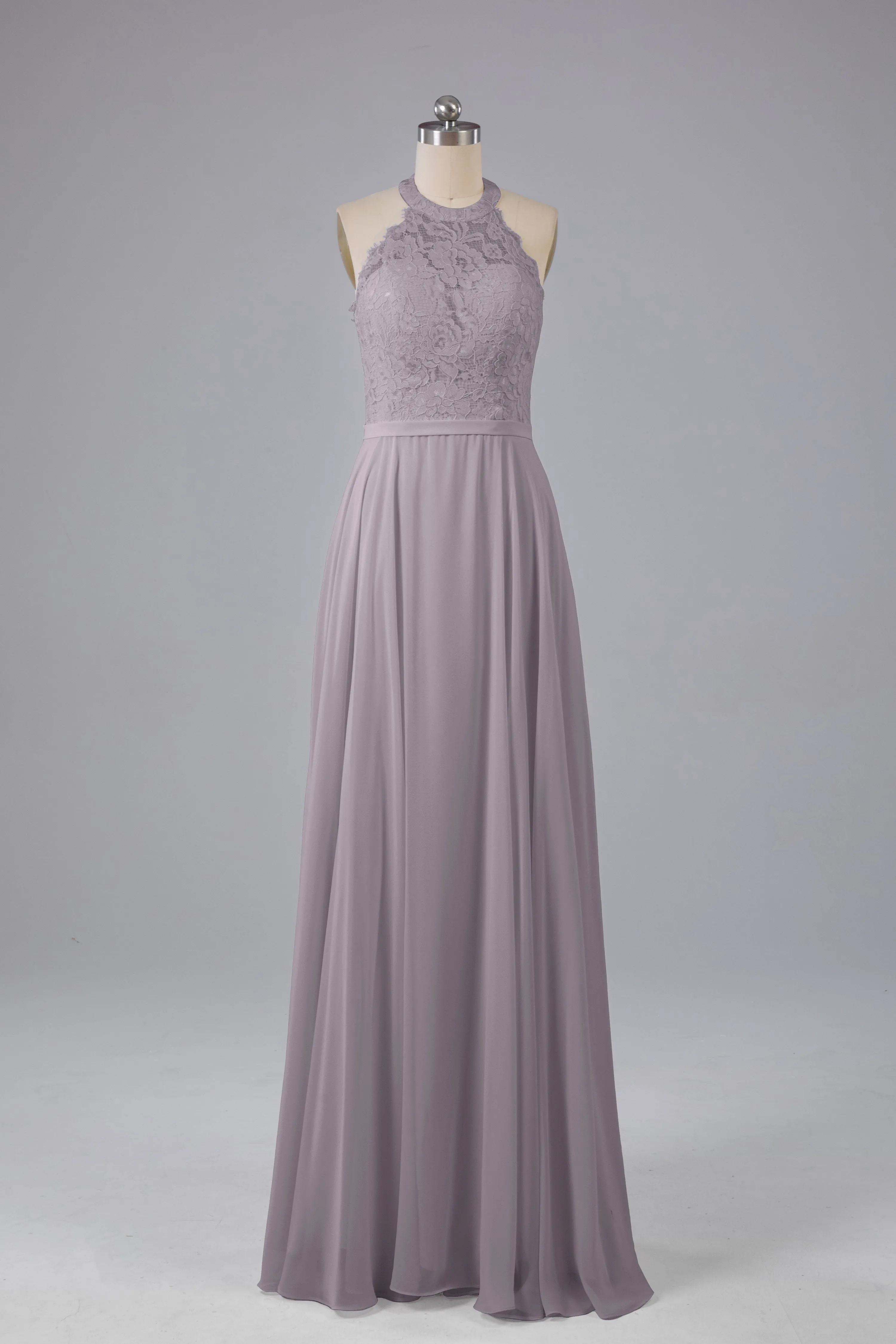 Elegant Halter Illusion Lace Floor Length Bridesmaid Dresses