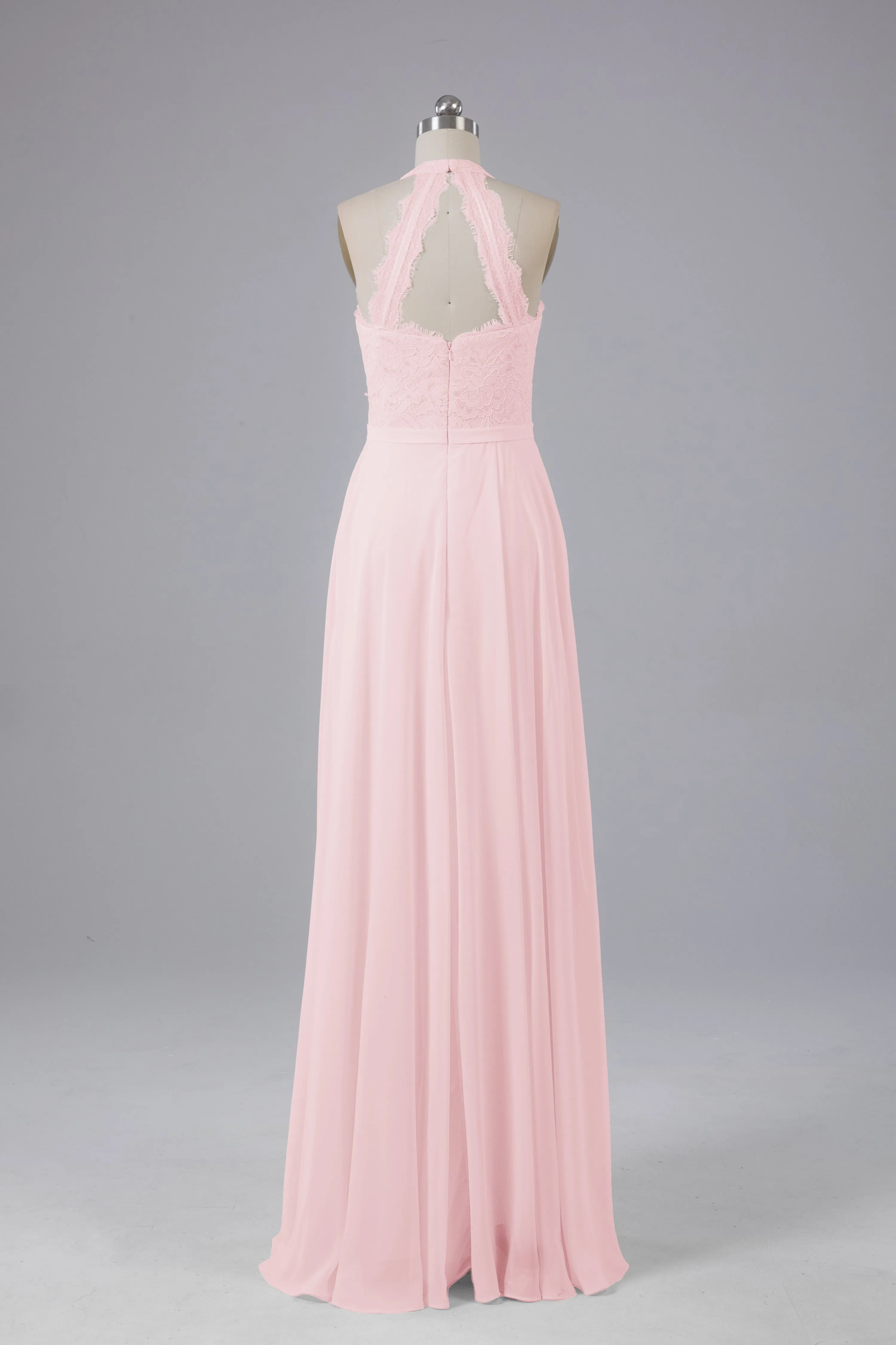 Elegant Halter Illusion Lace Floor Length Bridesmaid Dresses