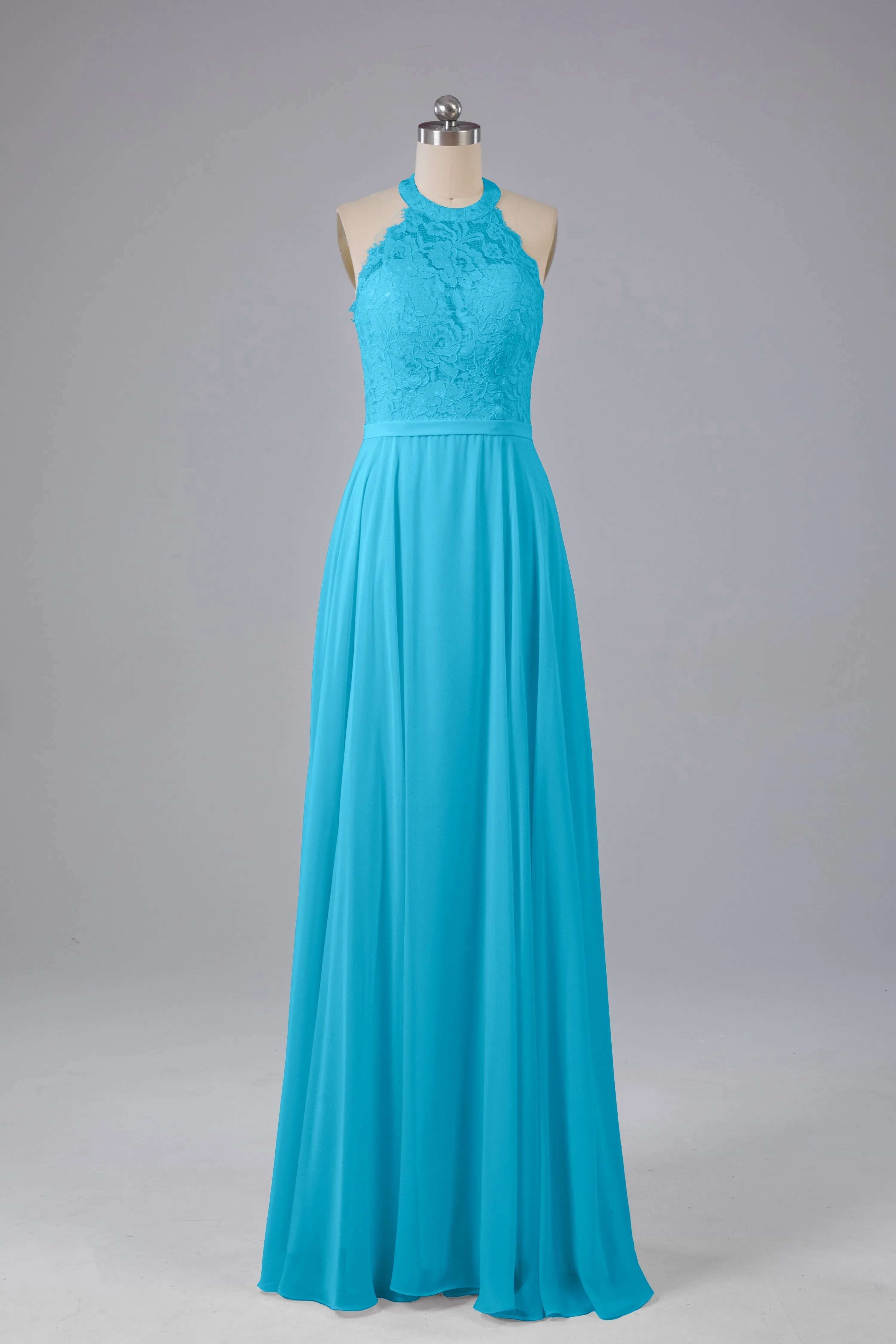 Elegant Halter Illusion Lace Floor Length Bridesmaid Dresses