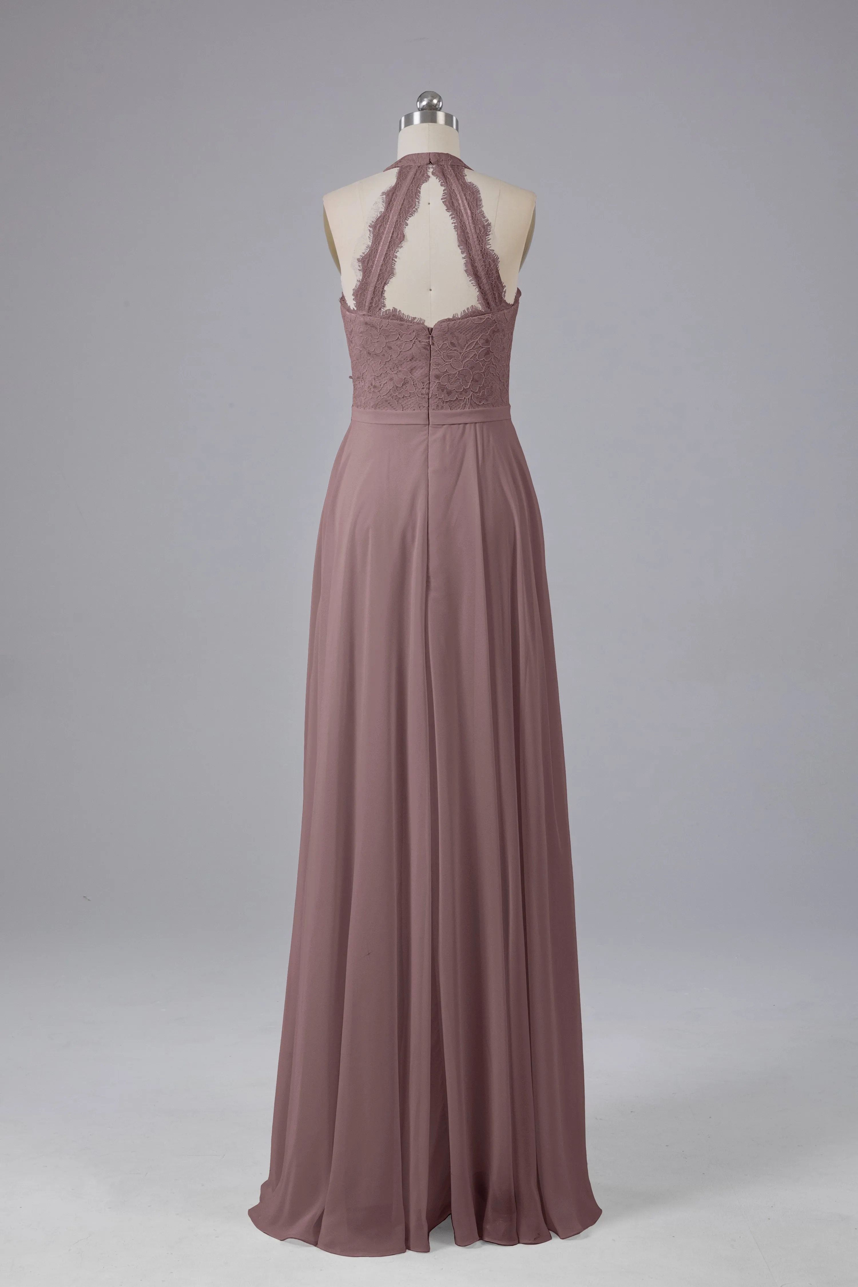 Elegant Halter Illusion Lace Floor Length Bridesmaid Dresses