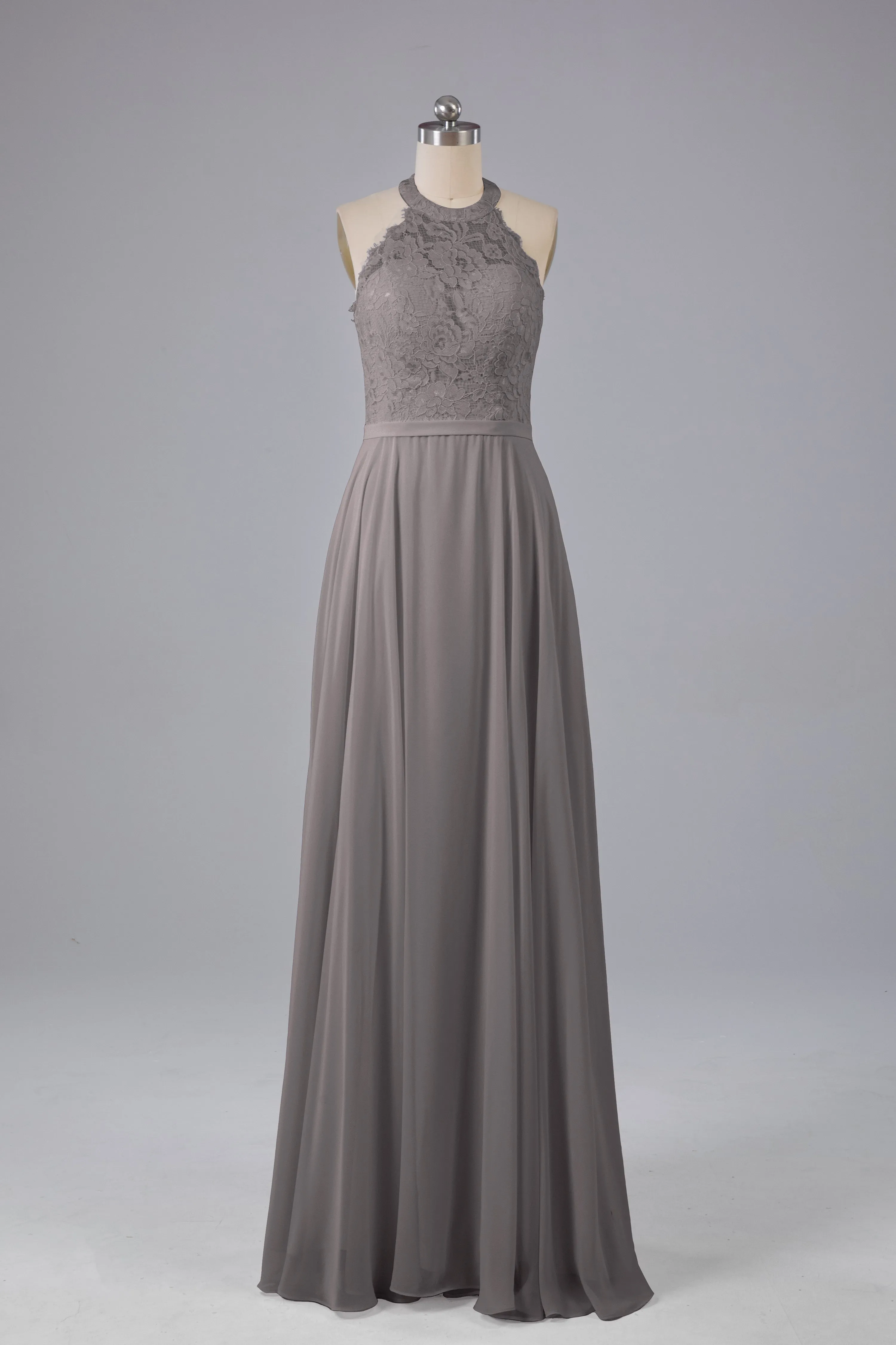 Elegant Halter Illusion Lace Floor Length Bridesmaid Dresses