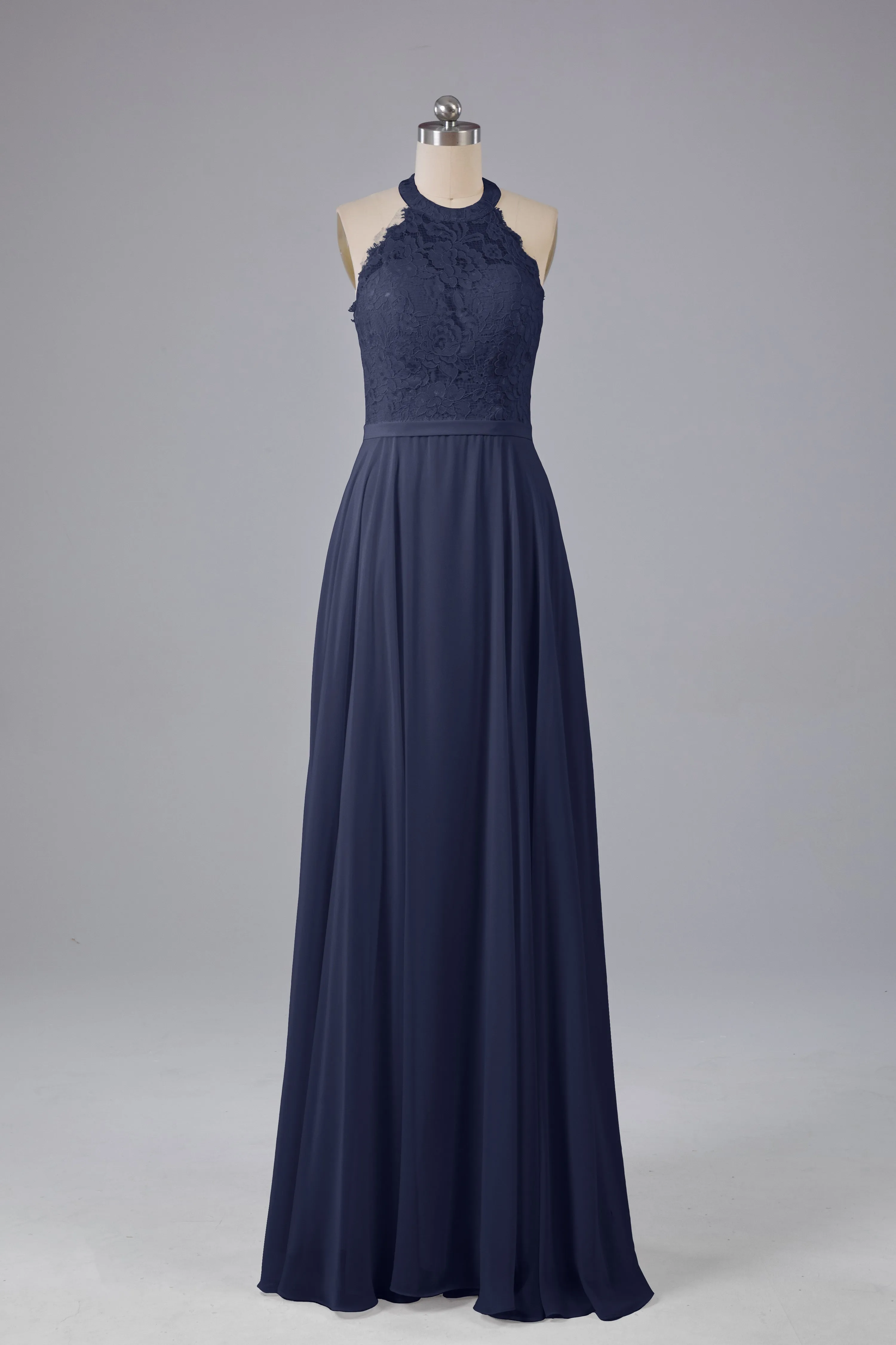 Elegant Halter Illusion Lace Floor Length Bridesmaid Dresses