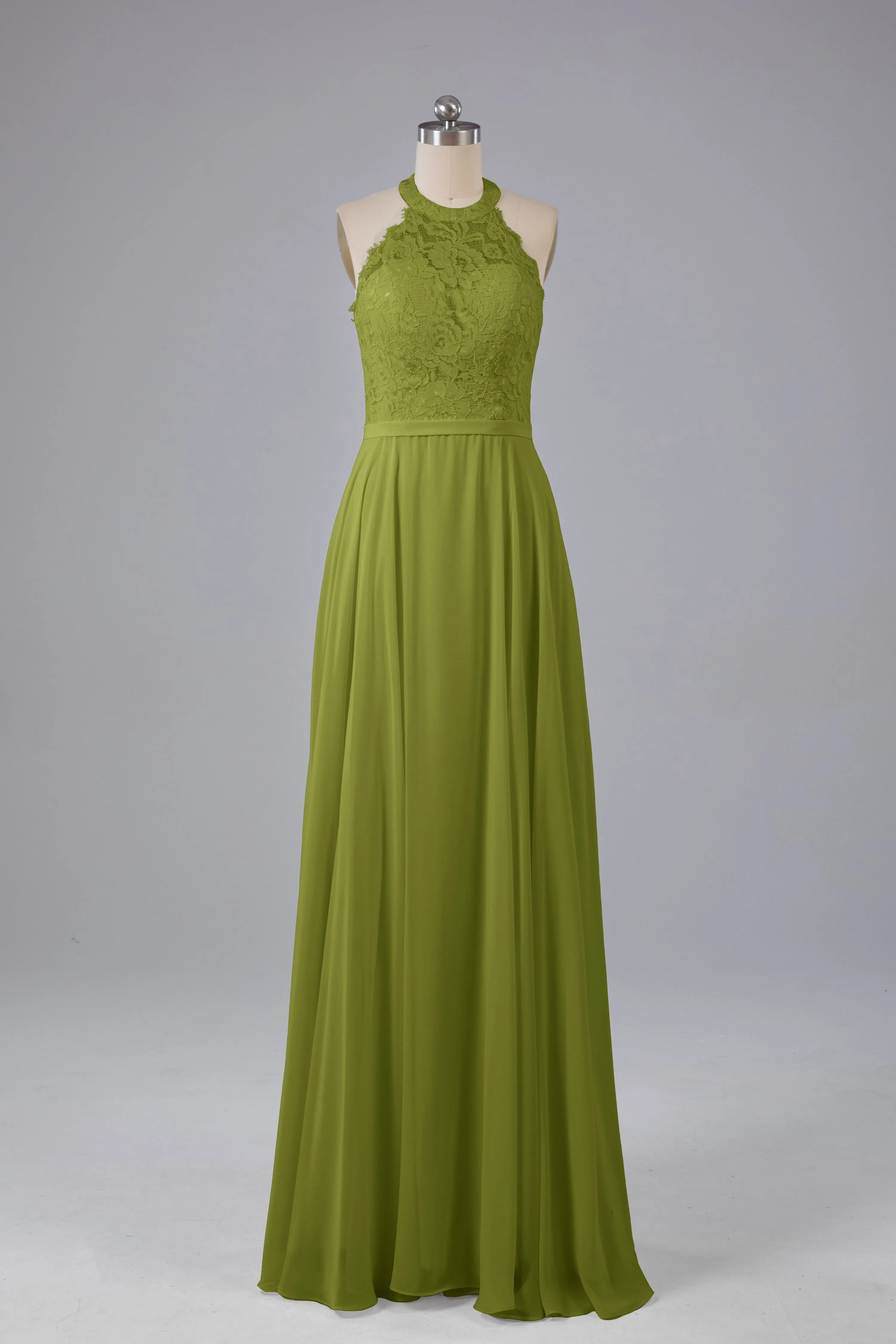 Elegant Halter Illusion Lace Floor Length Bridesmaid Dresses