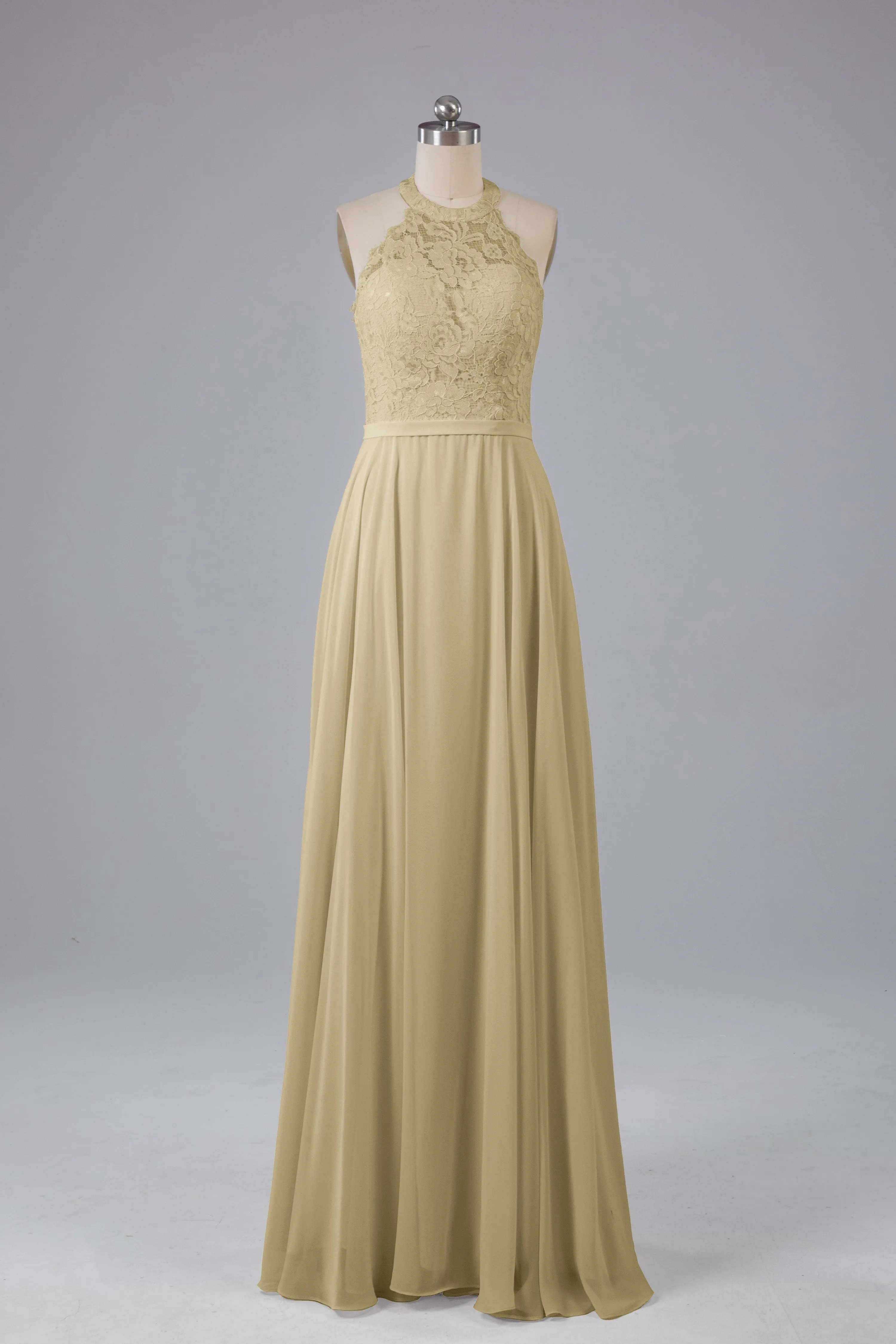 Elegant Halter Illusion Lace Floor Length Bridesmaid Dresses