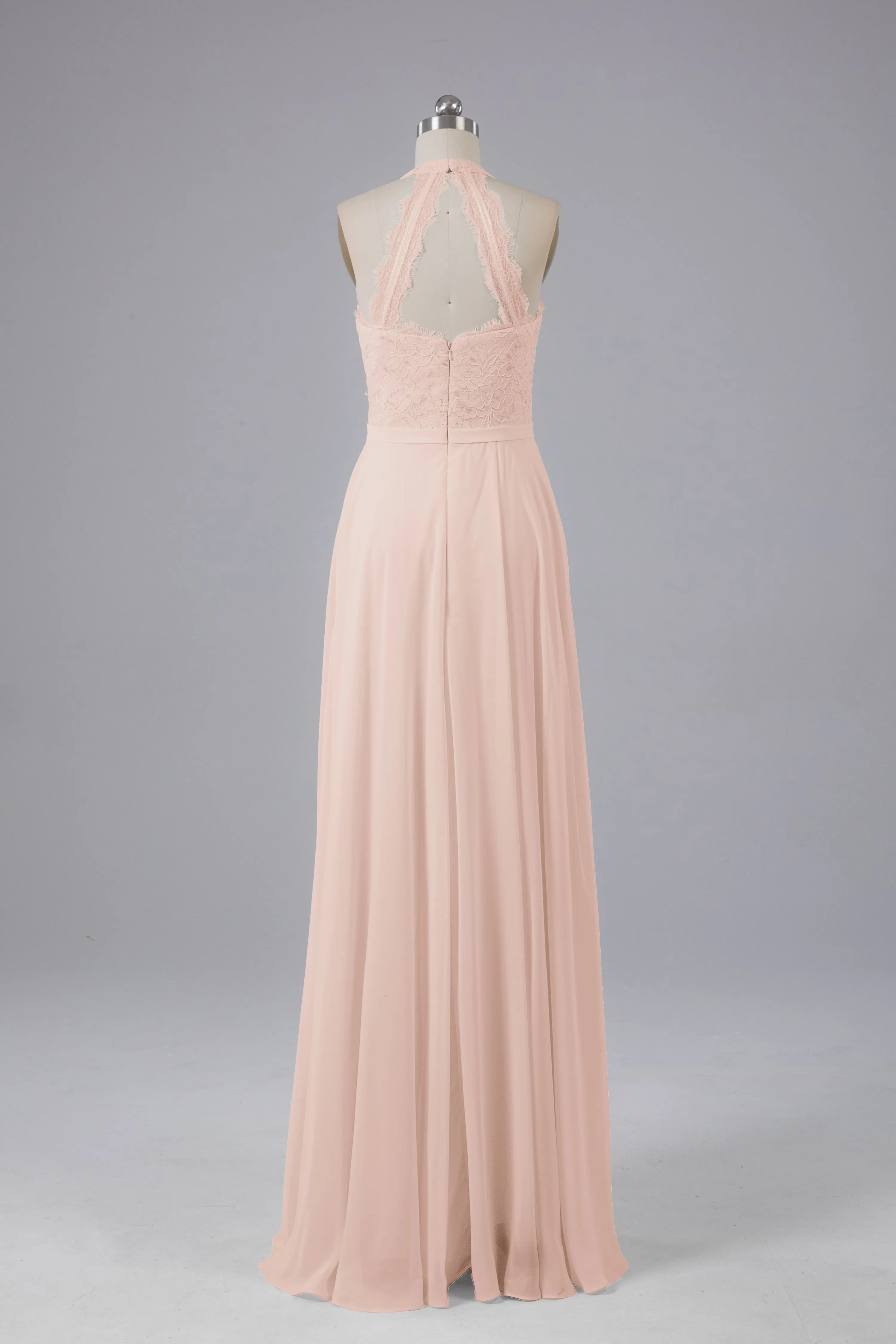 Elegant Halter Illusion Lace Floor Length Bridesmaid Dresses