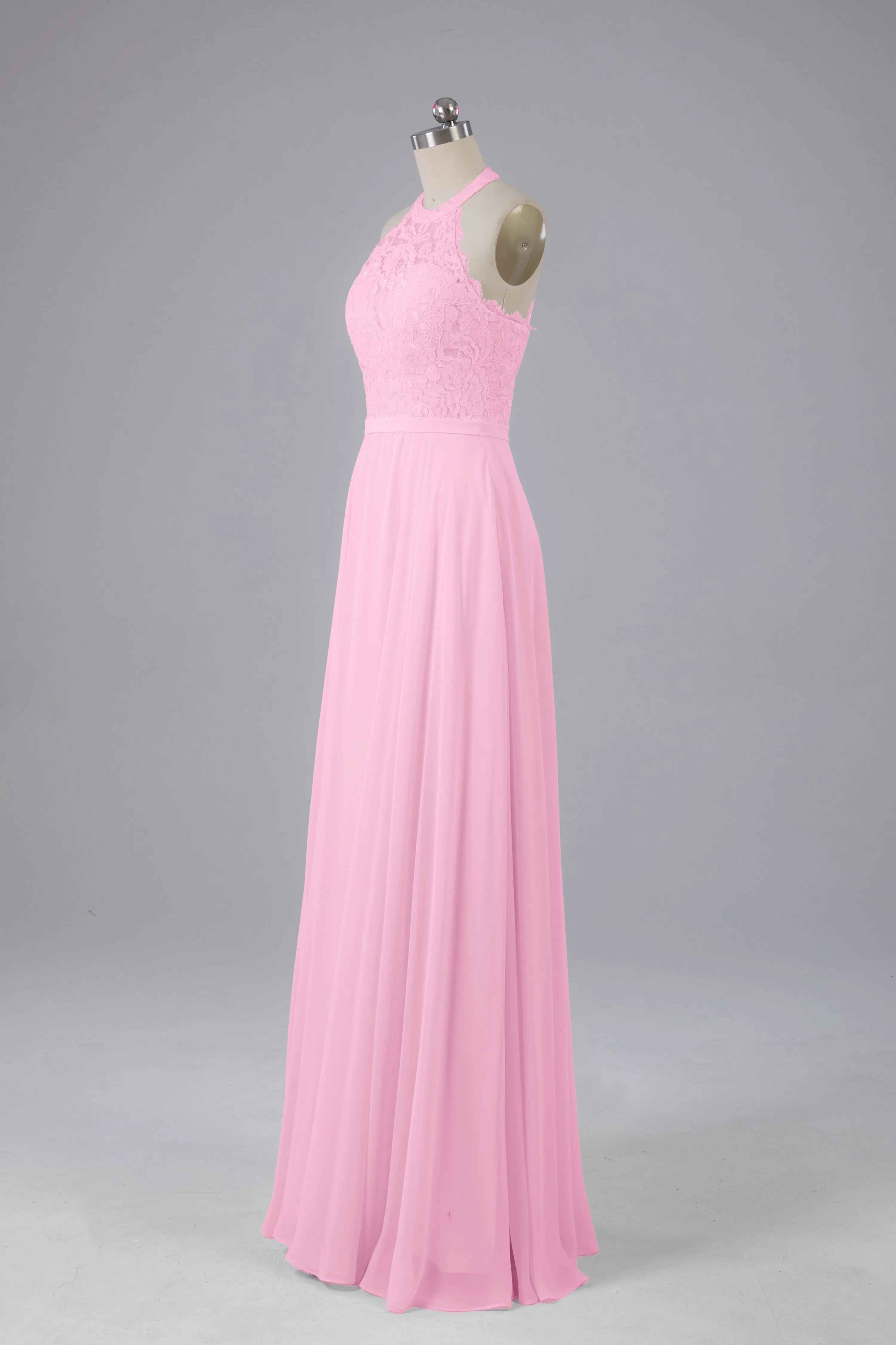 Elegant Halter Illusion Lace Floor Length Bridesmaid Dresses