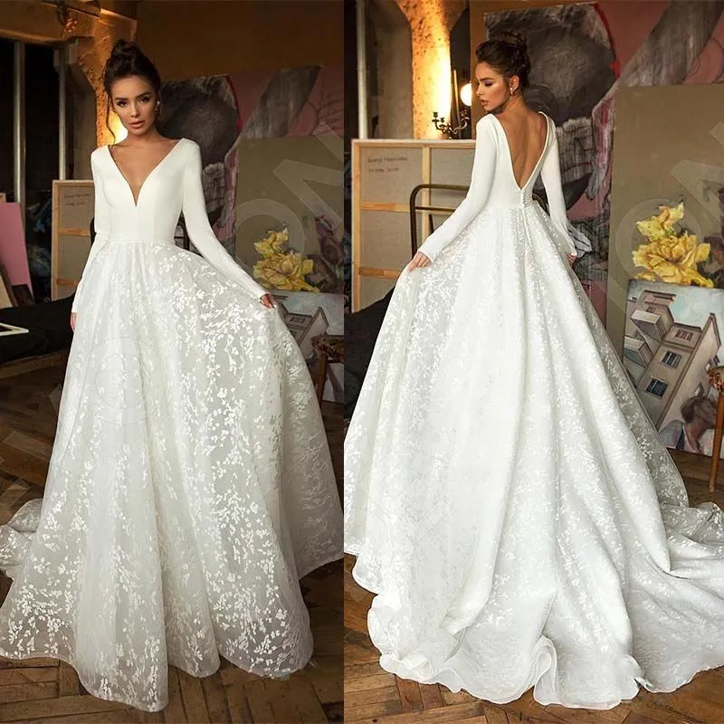 Elegant Lace Bridal A-line V-Neck Long Sleeves Wedding Dresses