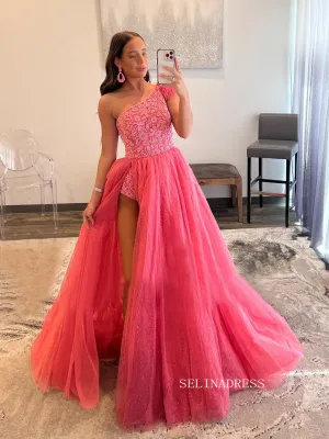 Elegant One Shoulder Prom Dress Pink Feather Formal Dress Pageant Dress #JKP001