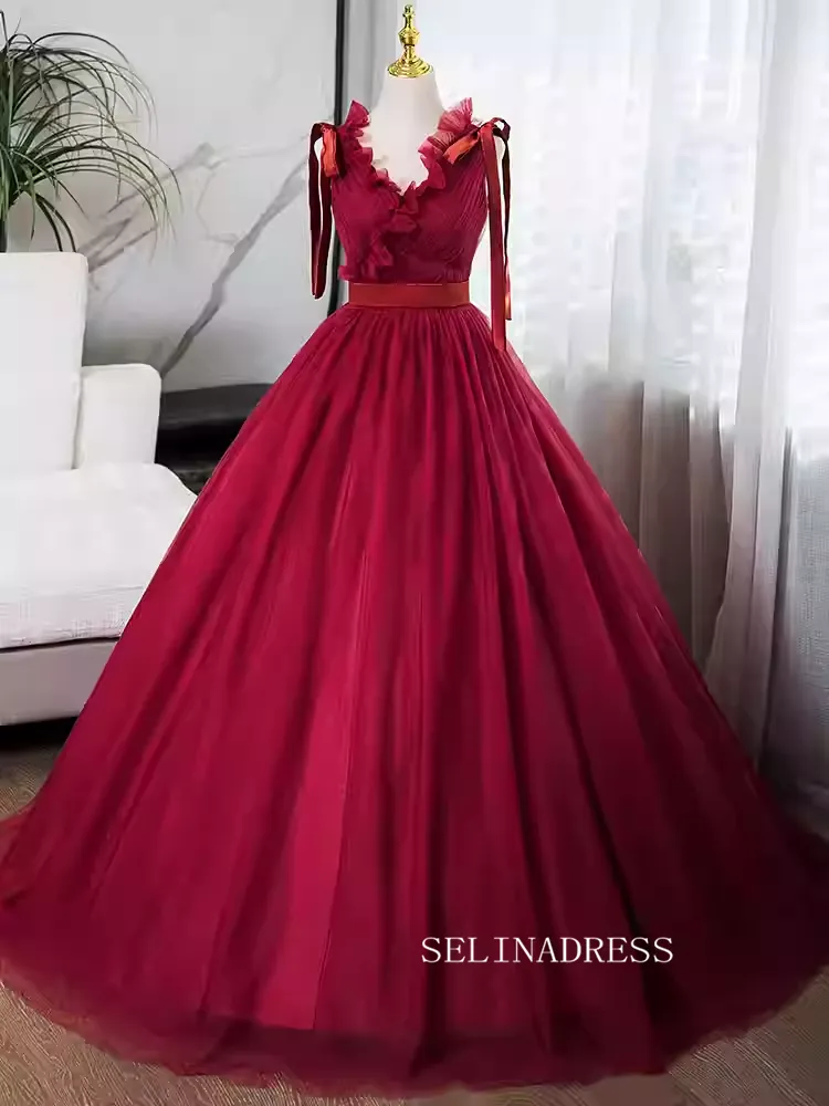 Elegant Red V neck Prom Dress Tulle Ball Gown Evening Gowns TKL3024