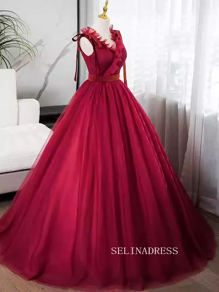 Elegant Red V neck Prom Dress Tulle Ball Gown Evening Gowns TKL3024