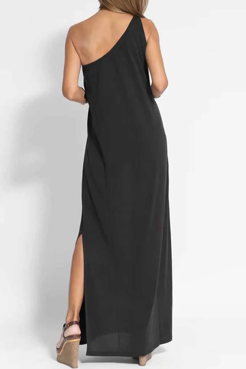 Elegant Solid Slit One Shoulder A Line Dresses