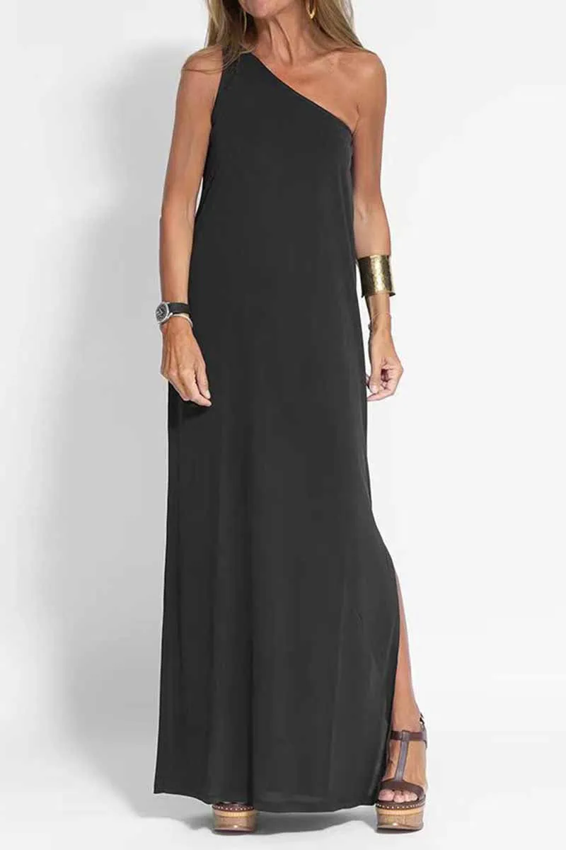 Elegant Solid Slit One Shoulder A Line Dresses