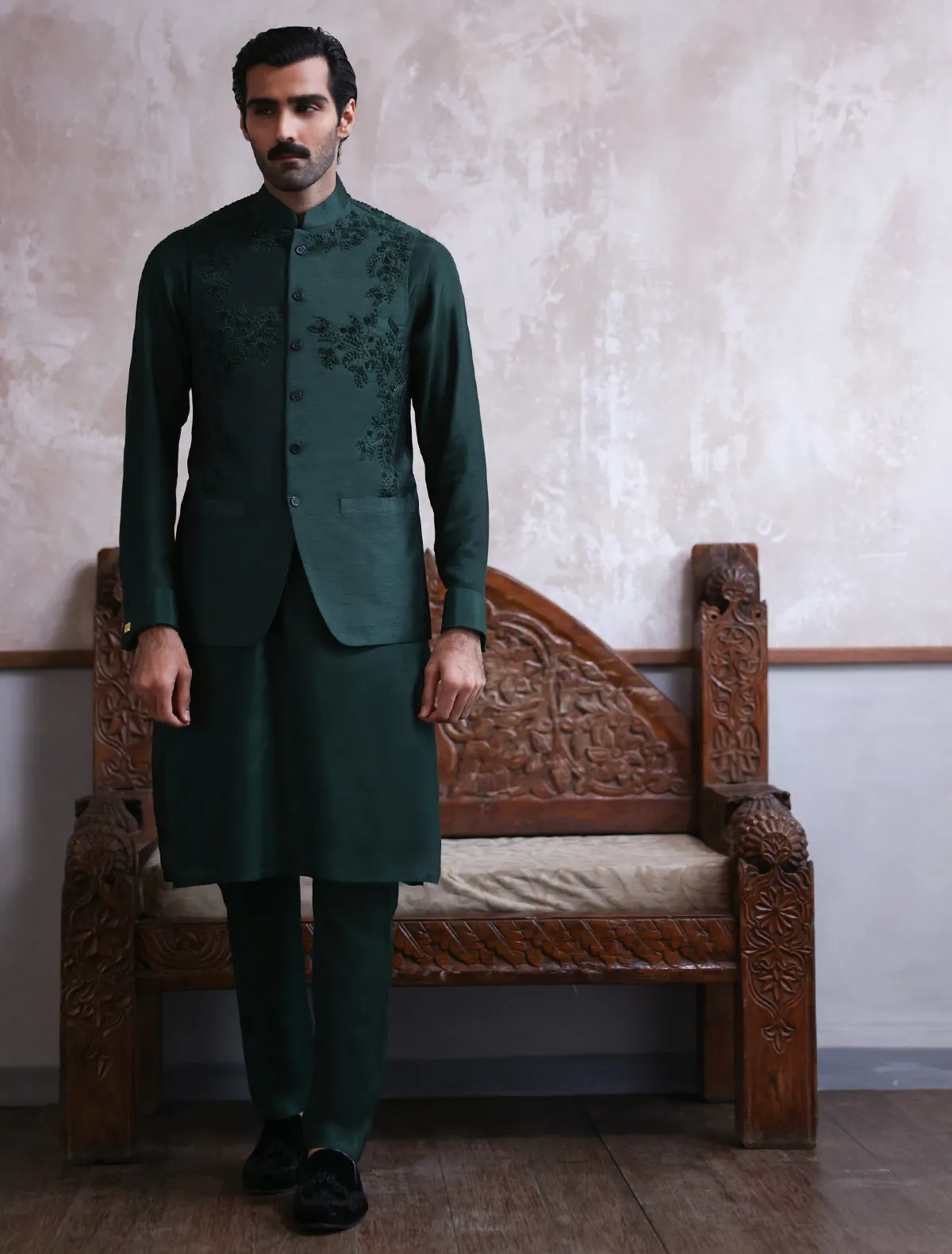 EMERALD GREEN HEAVY EMBROIDERED WAISTCOAT-S