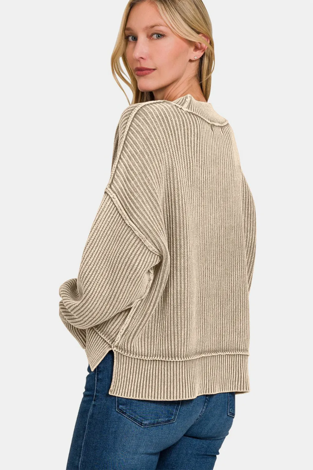 Exposed Seam Round Neck Dropped Shoulder Sweater