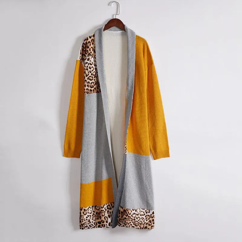 Fashion Women Leopard Casual Knitting Long Cardigan Sweaters