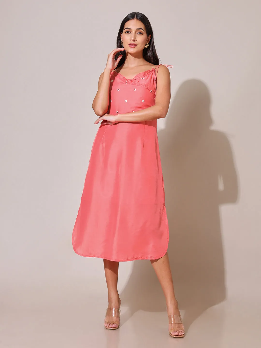 Florette Embroidered Peach Strappy Tie Up Dress