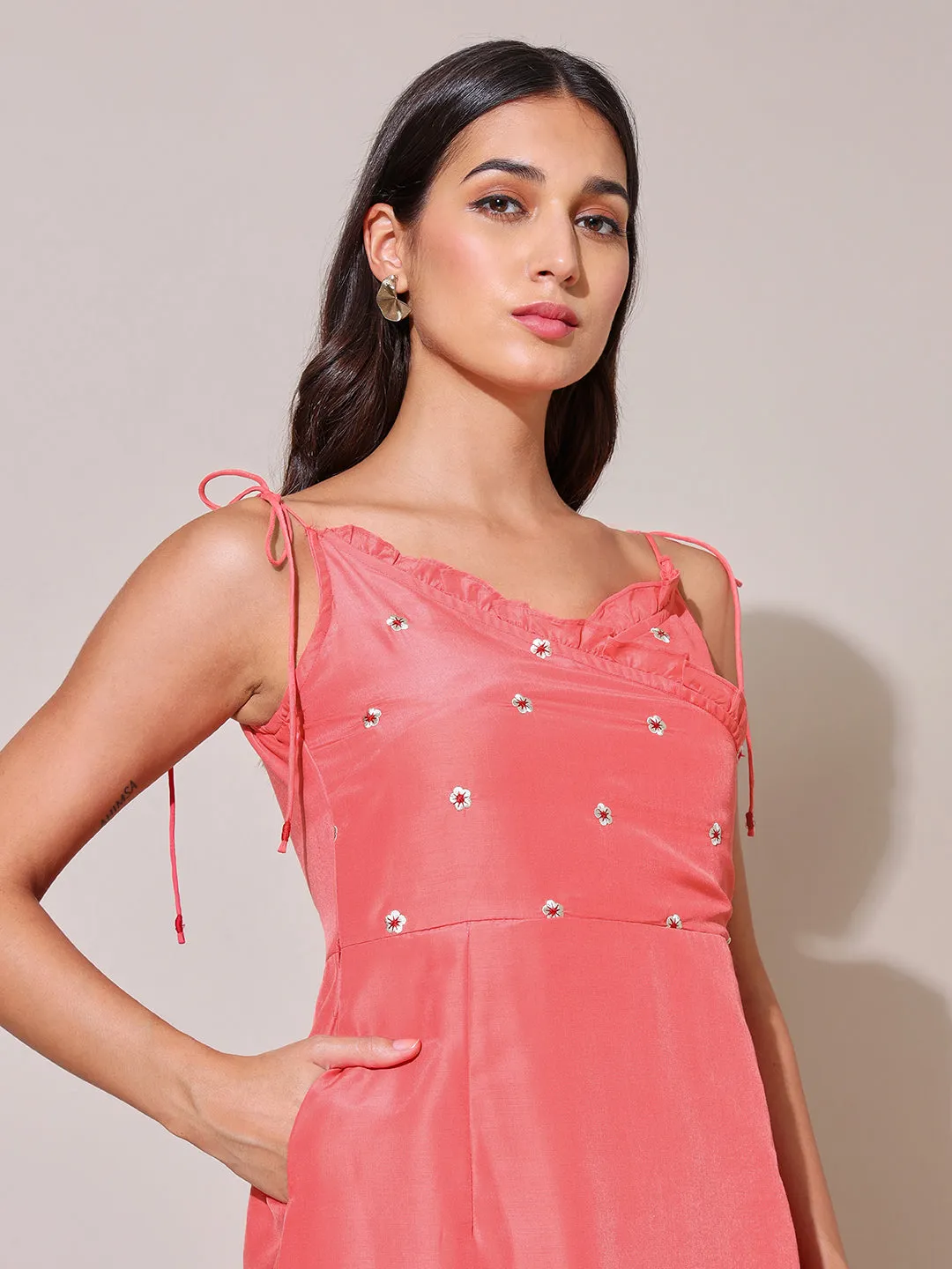 Florette Embroidered Peach Strappy Tie Up Dress