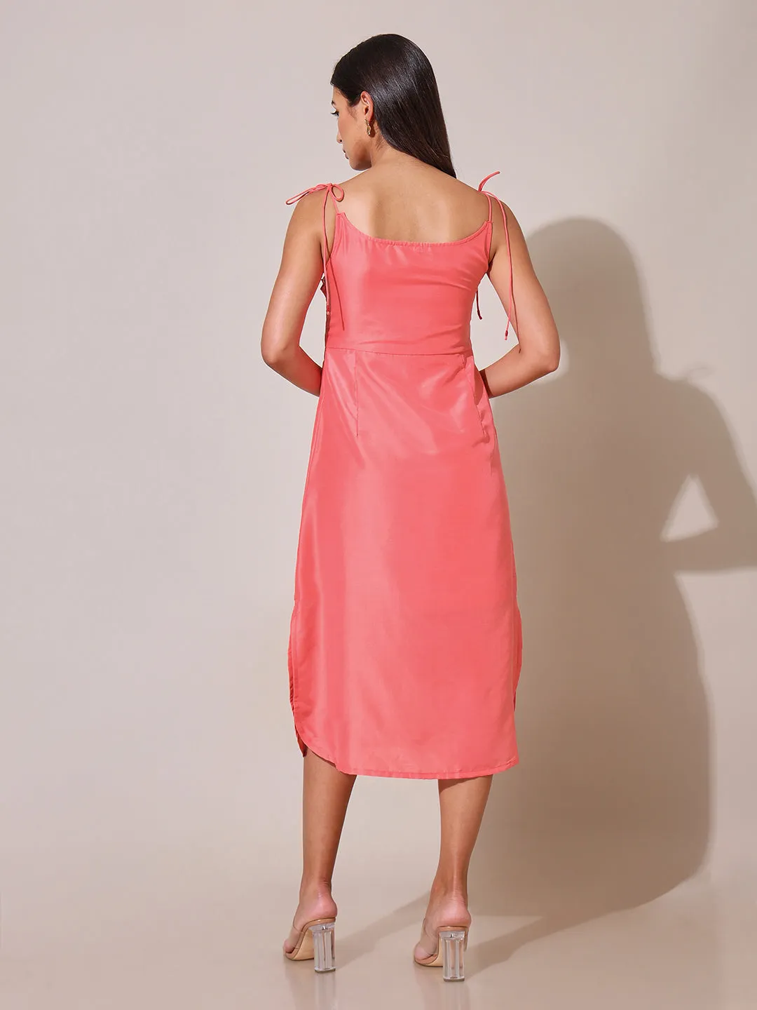 Florette Embroidered Peach Strappy Tie Up Dress