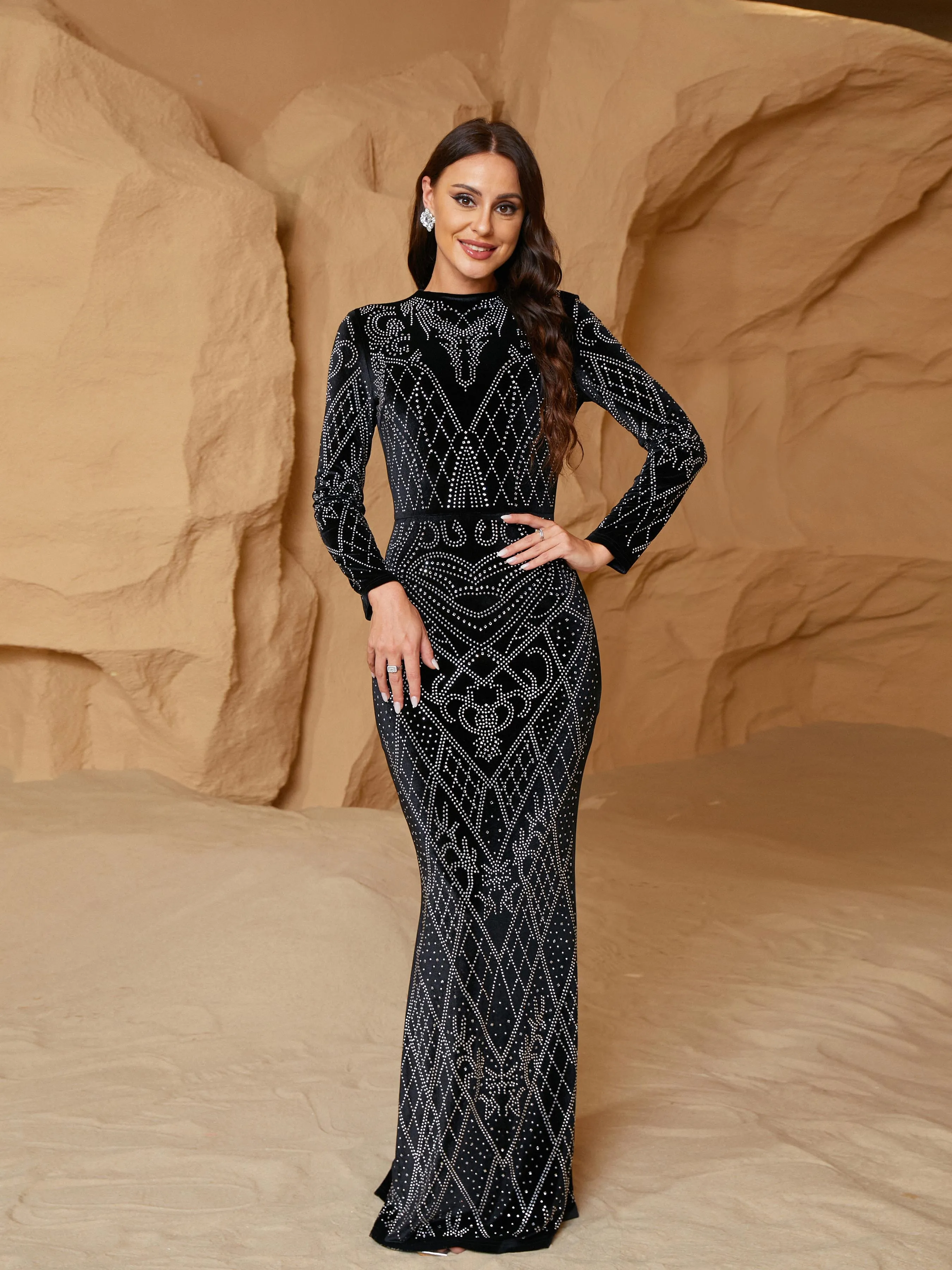 Full Cover Velvet Panel Sequin Black Formal Dress RJ10907