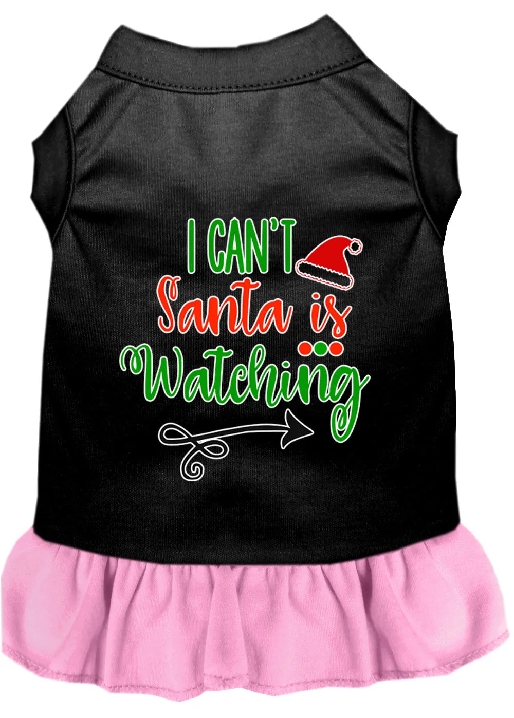 I Can't, Santa Is Watching Screen Print Dog Dress Black With Light Pink Sm