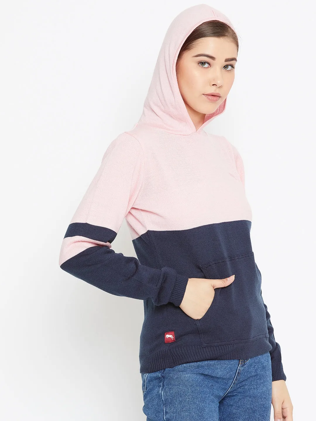 JUMP USA Women Pink Colourblocked Hooded Sweater