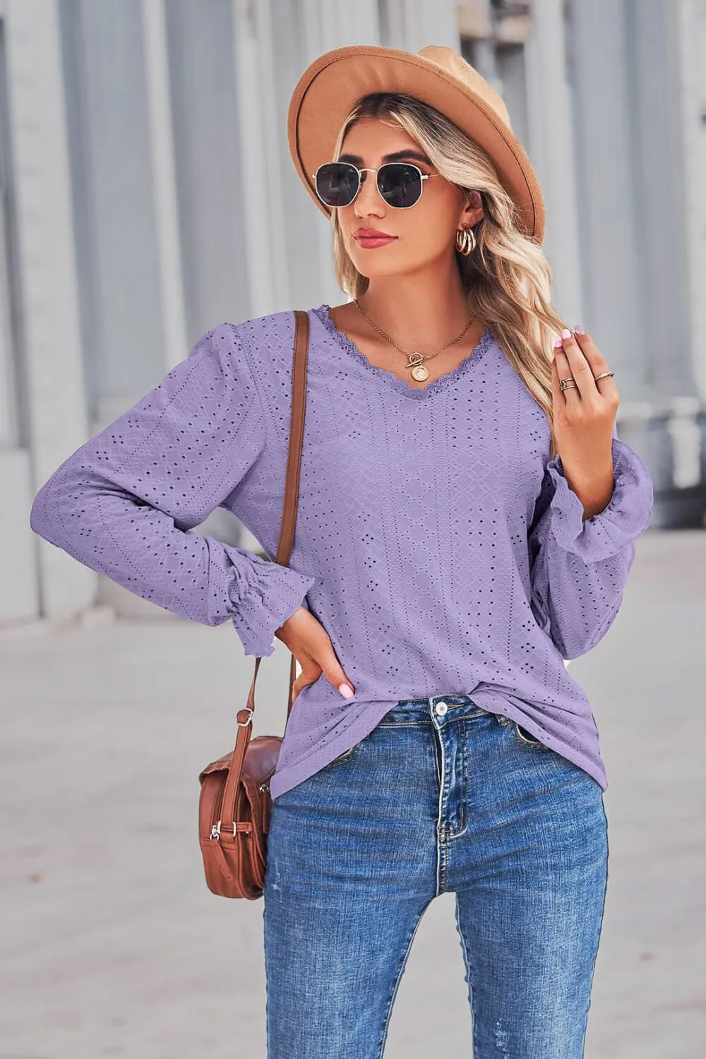 Lace Trim V-Neck Flounce Sleeve Top