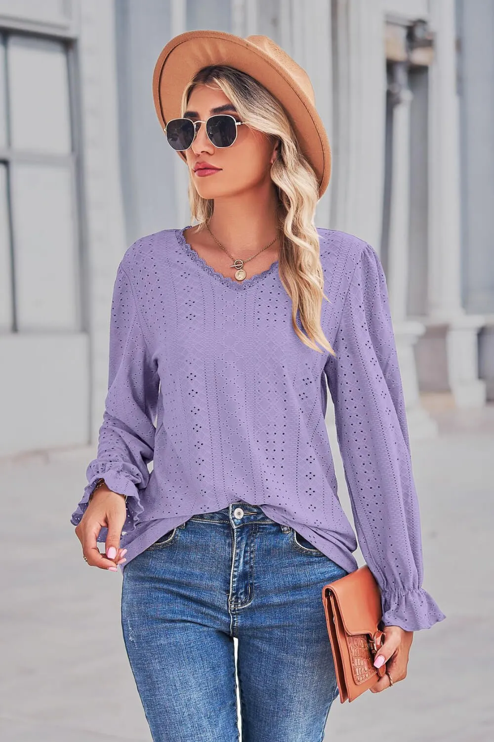 Lace Trim V-Neck Flounce Sleeve Top