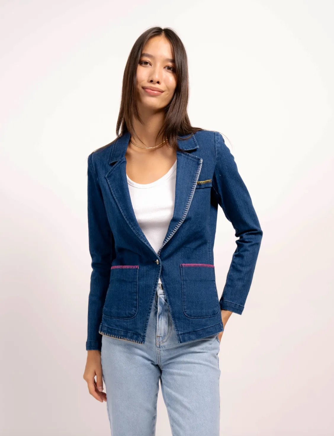 Mallory Denim Whipstitch Jacket - Blue