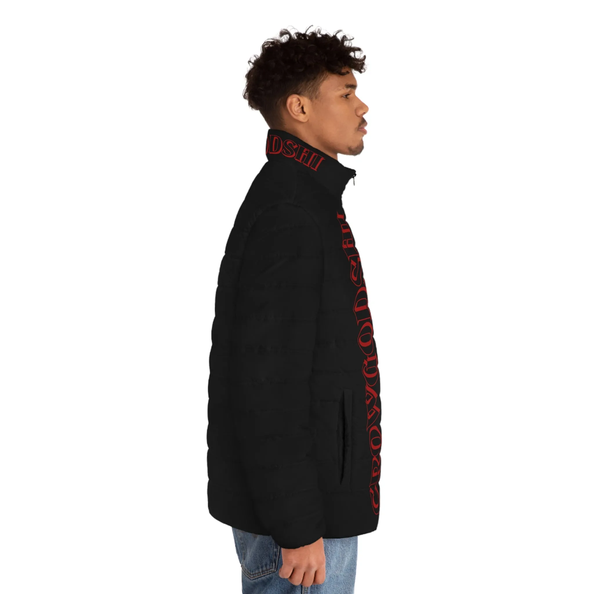 Men's CROWGODSHI 2nd GEN Puffer Jacket, BLACK W/ BURGUNDY LOGO