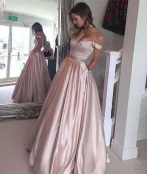 Off Shoulder Light Pink Prom Dresses, Light Pink Formal Dresses, Pink Evening Dresses