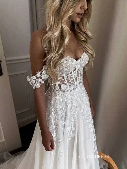 Off-the-shoulder Lace Wedding Dresses Elegant Beaded Wedding Gowns EWR819