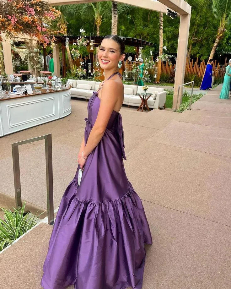 Purple Long Party Prom Dress Halter Evening Dress Woman Elegant